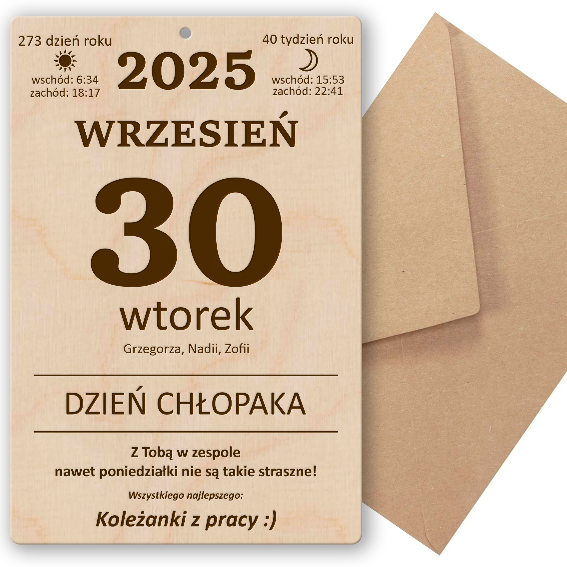 Zabawny Prezent na Dzień Chłopaka od Koleżanek z Pracy – Drewniana Kartka z Kalendarza z Kopertą Drewniana kartka z kalendarza z kopertą kraft, śmieszny prezent na Dzień Chłopaka od koleżanek z pracy